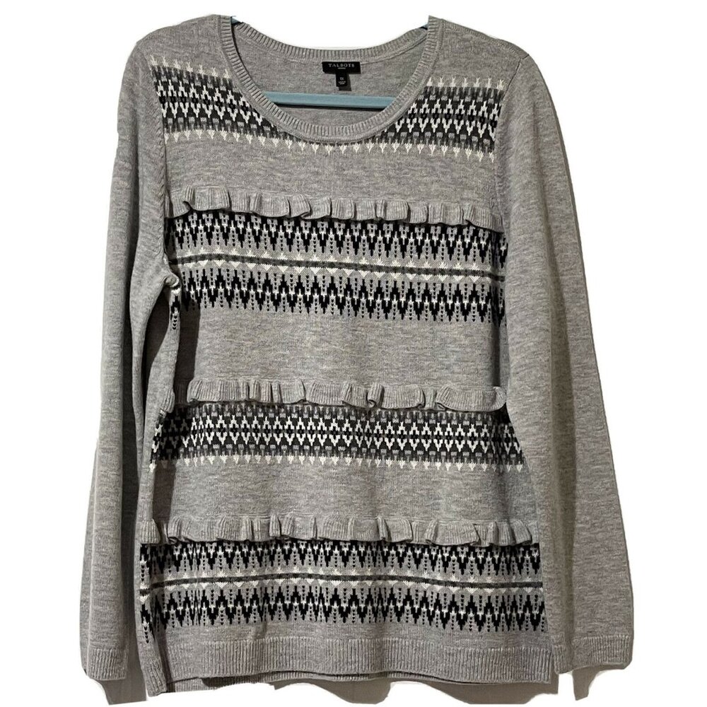Talbots Ruffled Fair Isle Knit Sweater 1X Gray  Black Lambswool Blend Runs Small